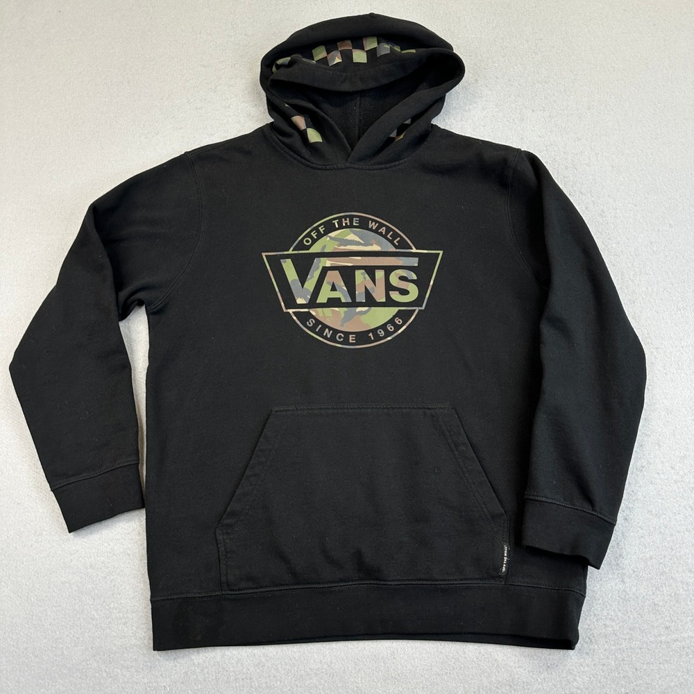 Vans Hoodie Youth XL Black Camo Logo Pullover Sweatshirt Off The Wall Skate